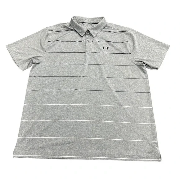 Under Armour Mens 2XL Gray Striped HeatGear Performance Golf Polo Shirt Loose - Picture 1 of 6